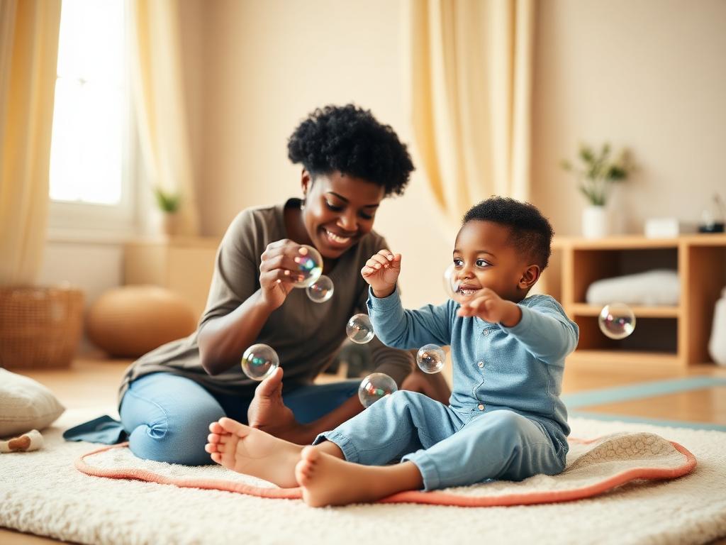 Mother and child enjoying bubble sensory activity together