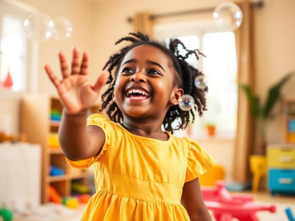Young girl joyfully reaching for bubbles