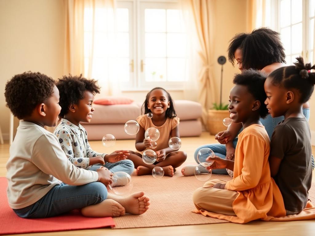Group of children in a calming bubble circle activity