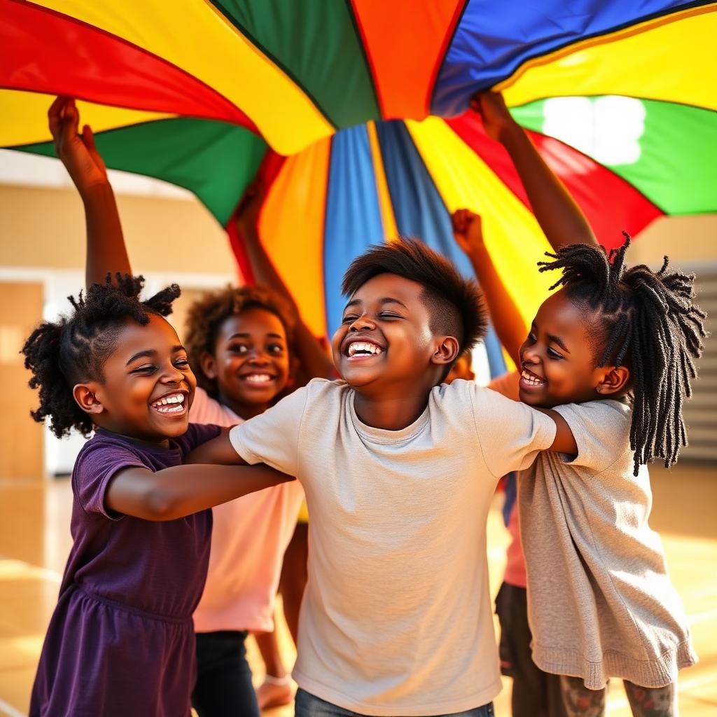 Group of Black children laughing under a rainbow parachute sensory activity