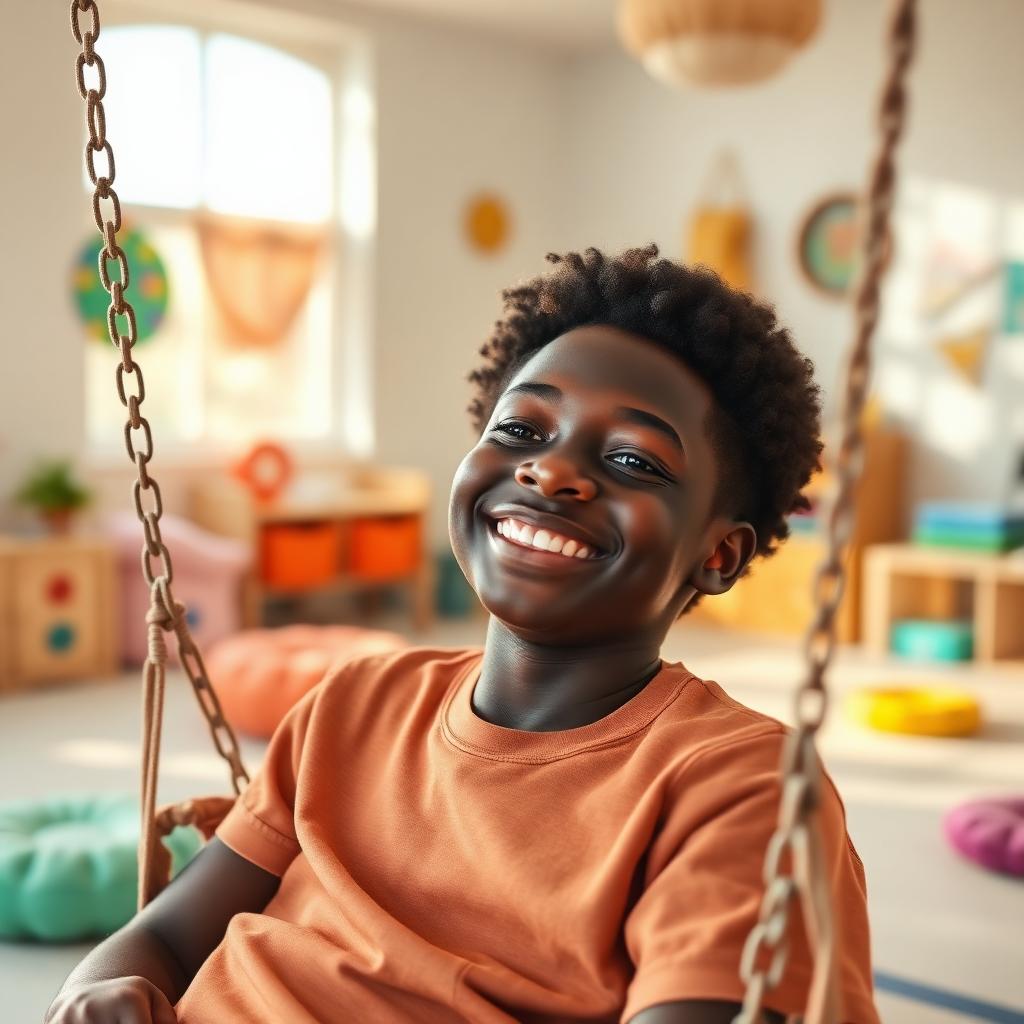 Black teenage boy smiling on a sensory swing during a one-on-one session