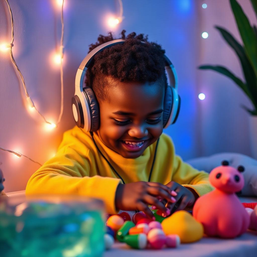 Black child wearing noise-reducing headphones playing with water beads and squishy sensory toys