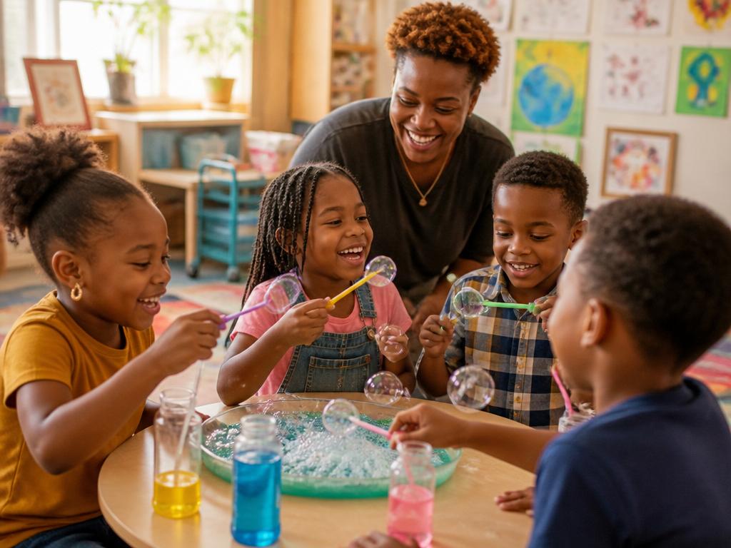 Group of Black children doing a bubble-blowing sensory activity together with a teacher